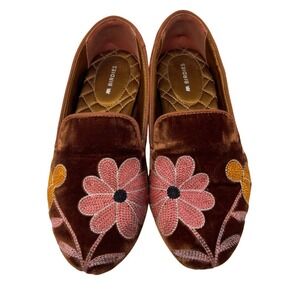 Birdies Flats Size 5 Brown Velvet Floral Embroidered Slip On Shoes